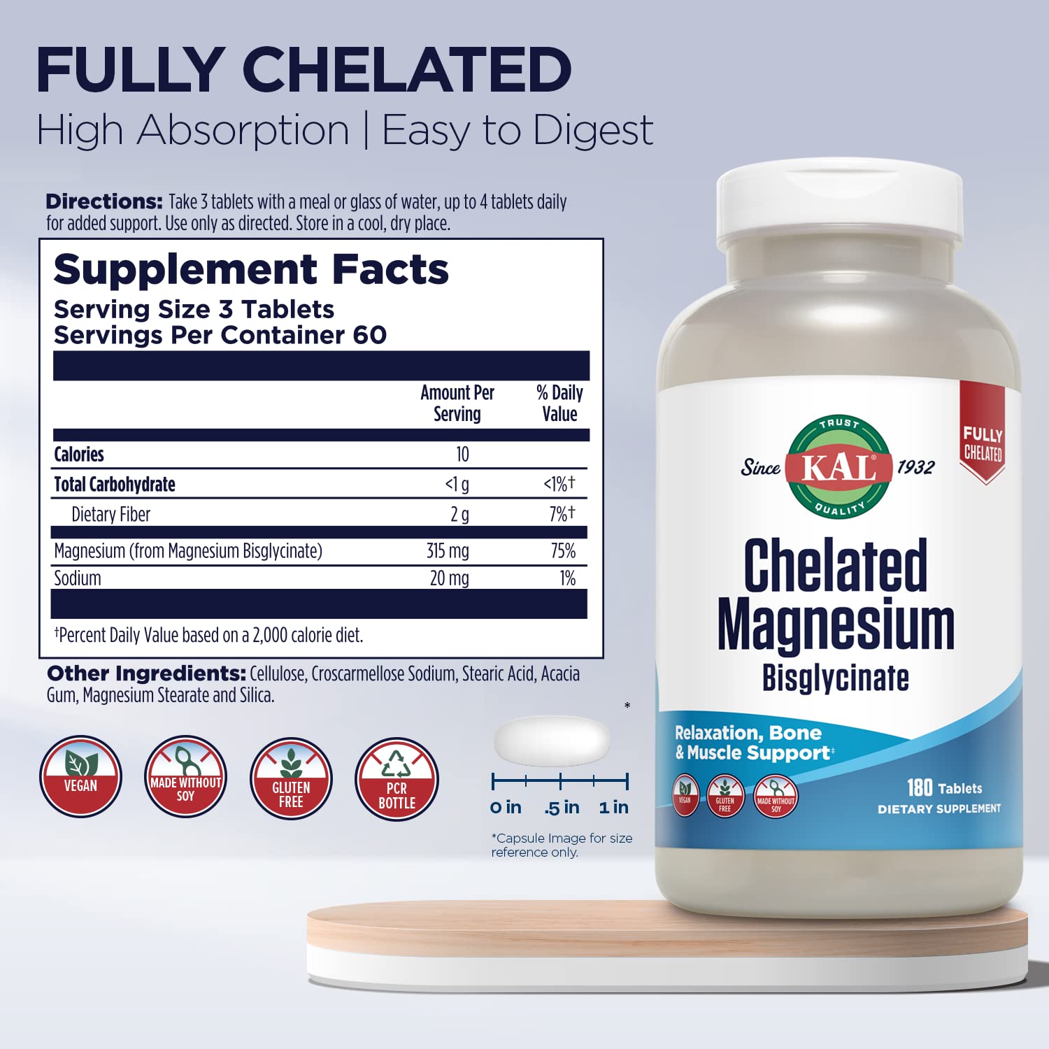 KAL Magnésium Bisglycinate, tablettes visibles, apport pour muscles et nerfs.