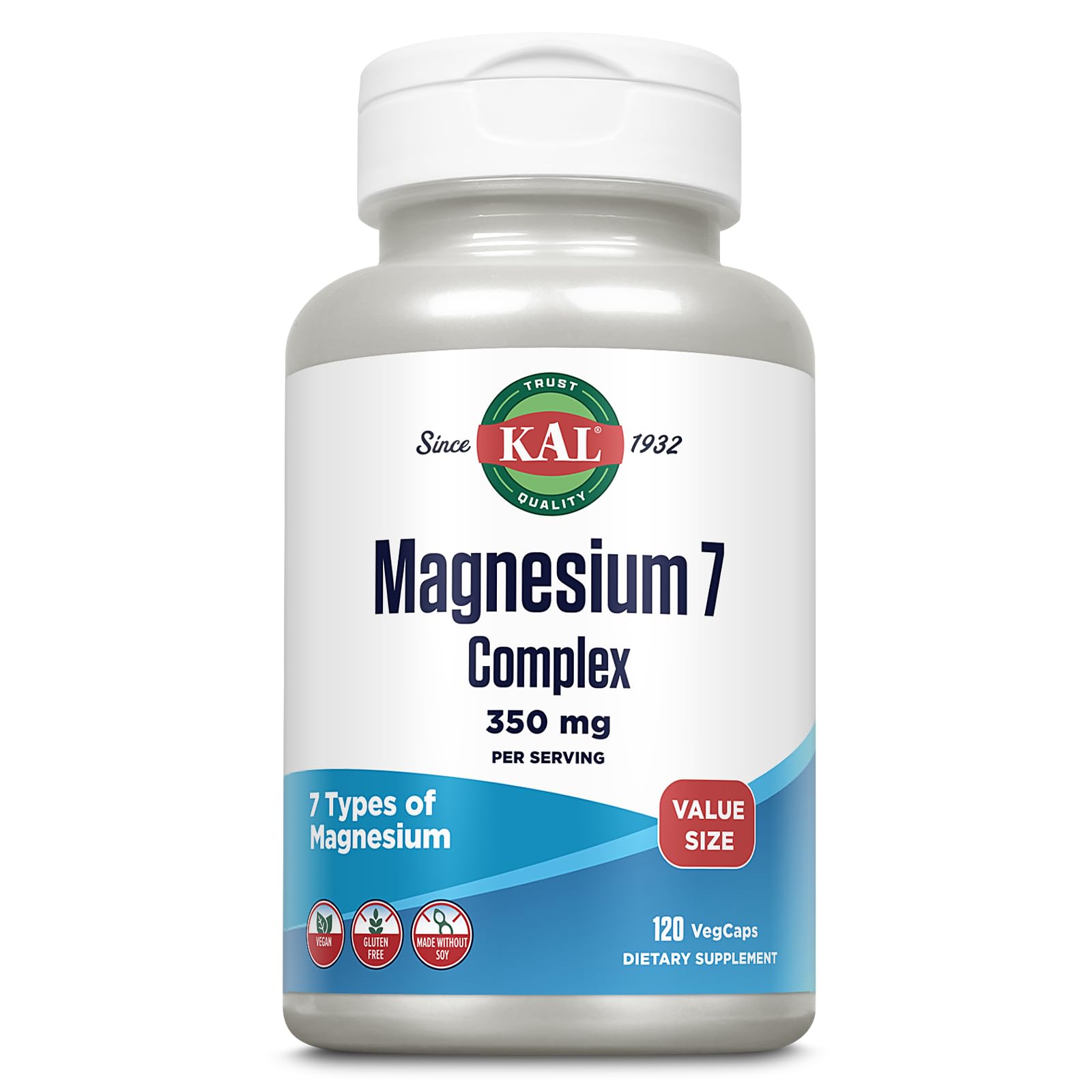 KAL Magnesium Complex 7: bouteille pilules pour relaxation et soutien nerveux.