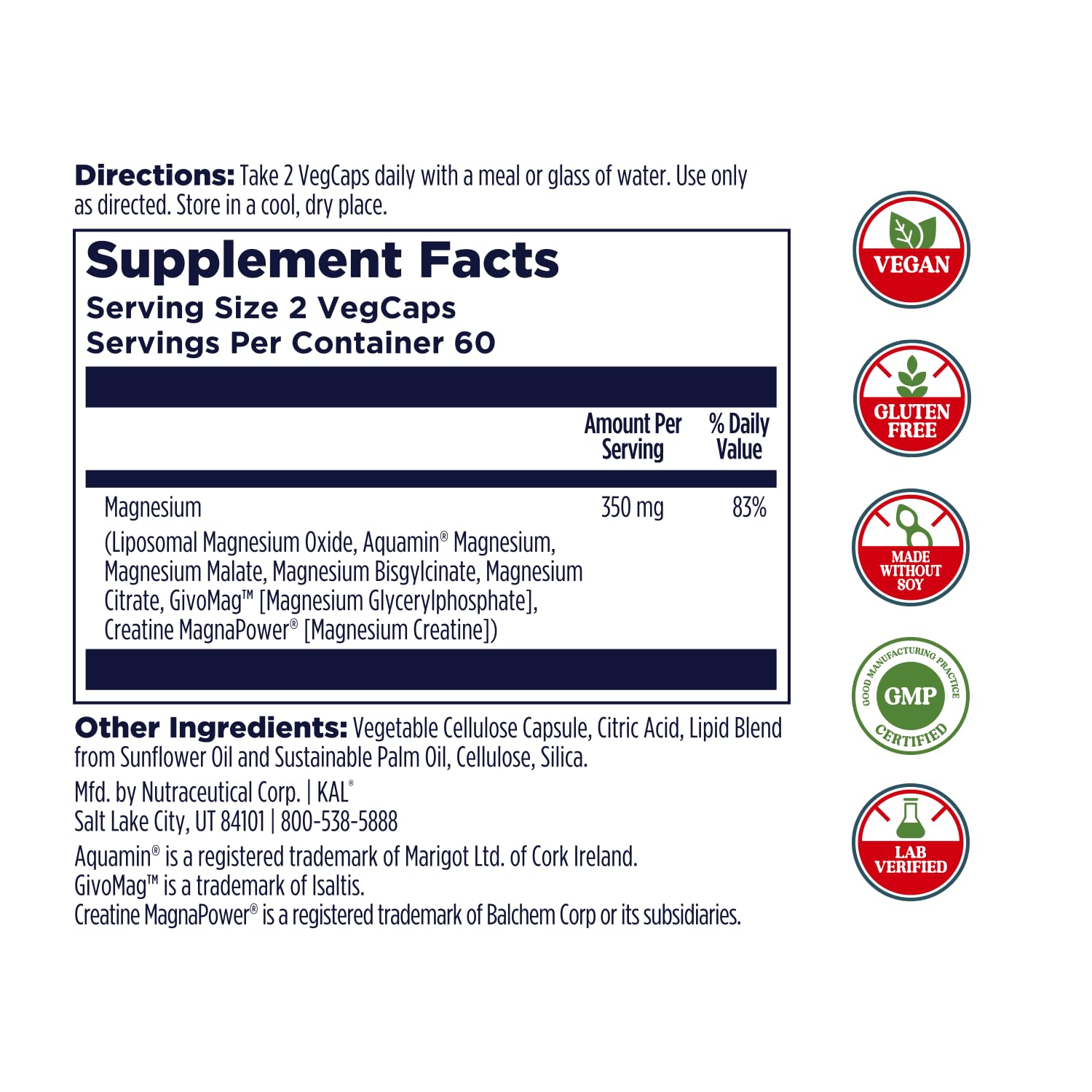 KAL Magnesium Complex 7: étiquette montrant sept formes de magnésium pour une utilisation complète.