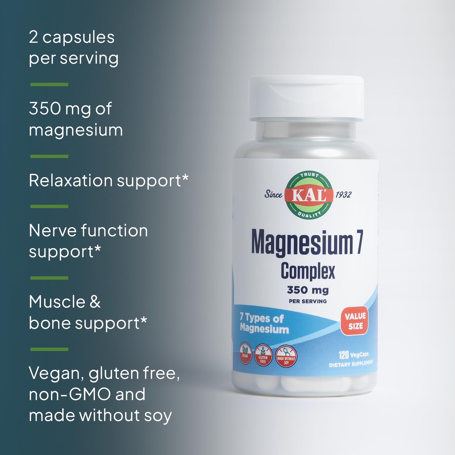 KAL Magnesium Complex 7: emballage indiquant 60 portions véganes et sans gluten.