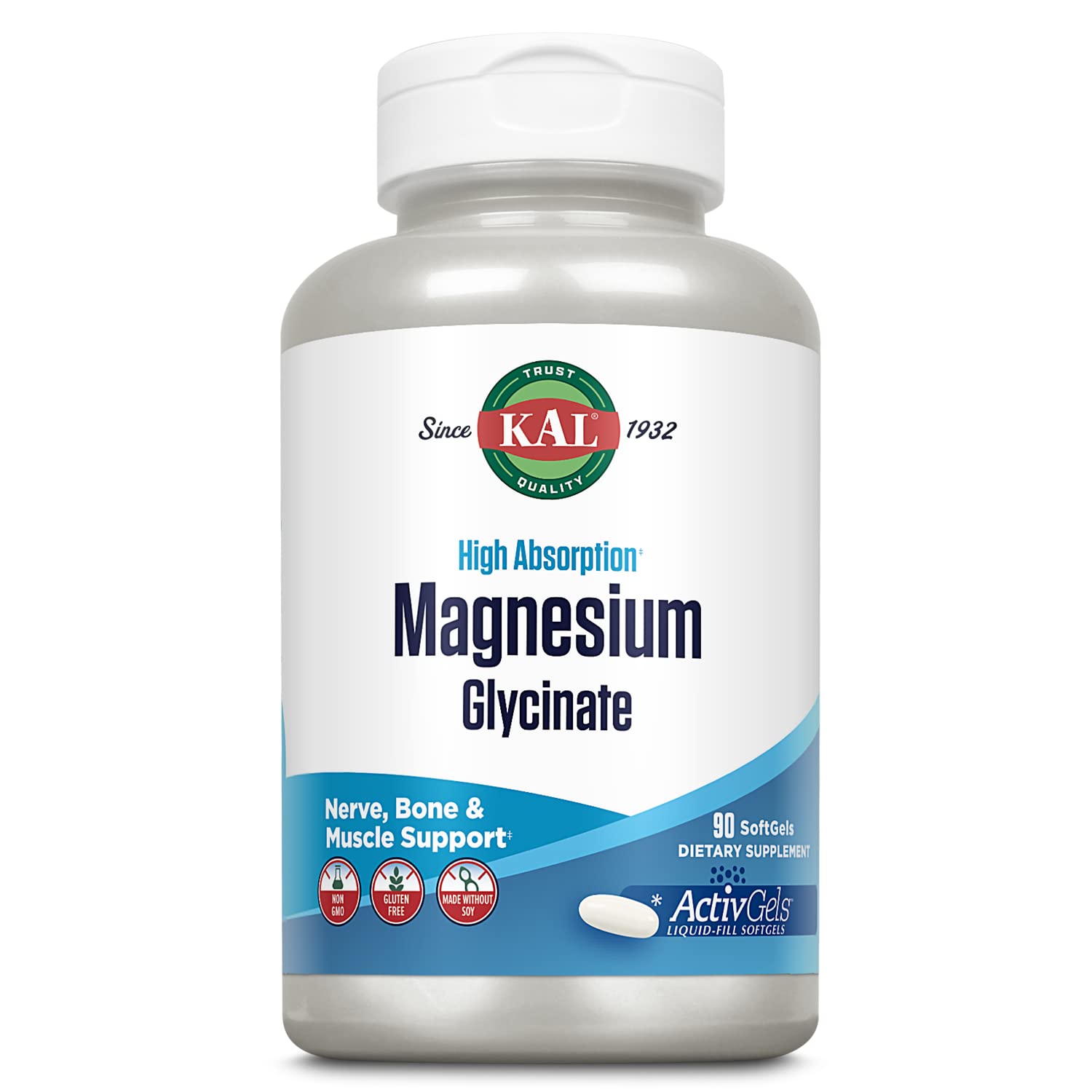 KAL Magnésium Glycinate ActivGels, bouteille; soutient les muscles et le système nerveux.