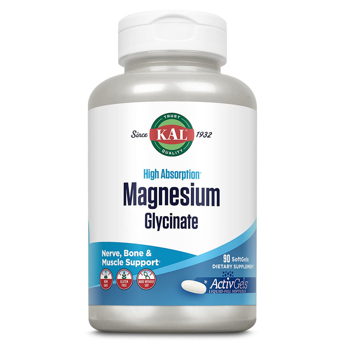 KAL Magnésium Glycinate ActivGels, bouteille; soutient les muscles et le système nerveux.