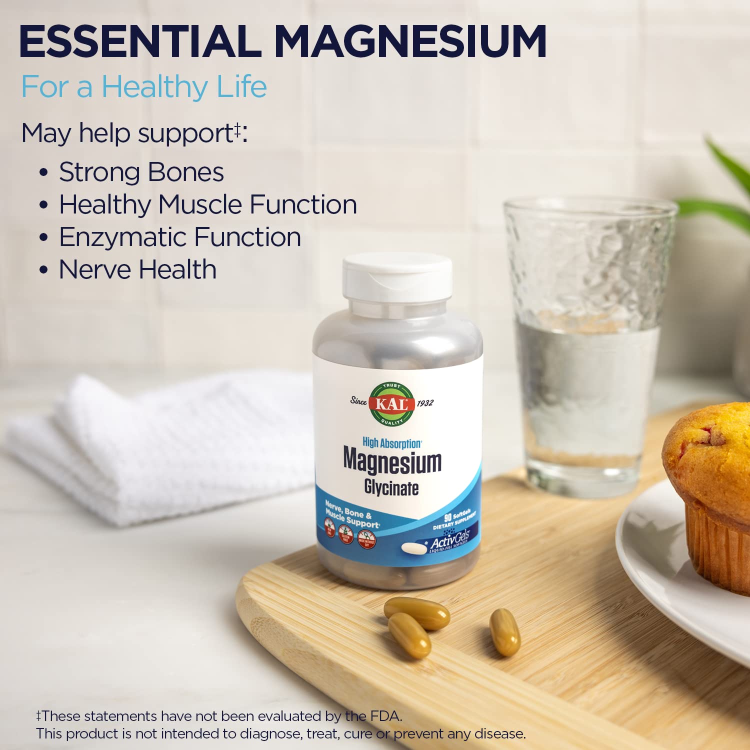 KAL Magnésium Glycinate ActivGels, étiquette et emballage, sans gluten pour une consommation sûre.