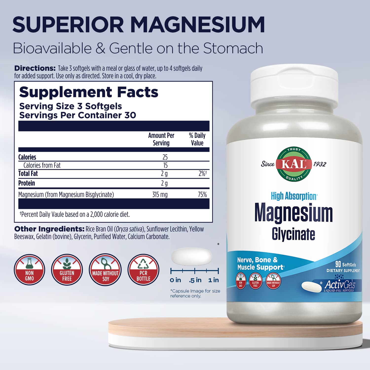 KAL Magnésium Glycinate ActivGels, gelules molles, faciles à avaler après l’entraînement.