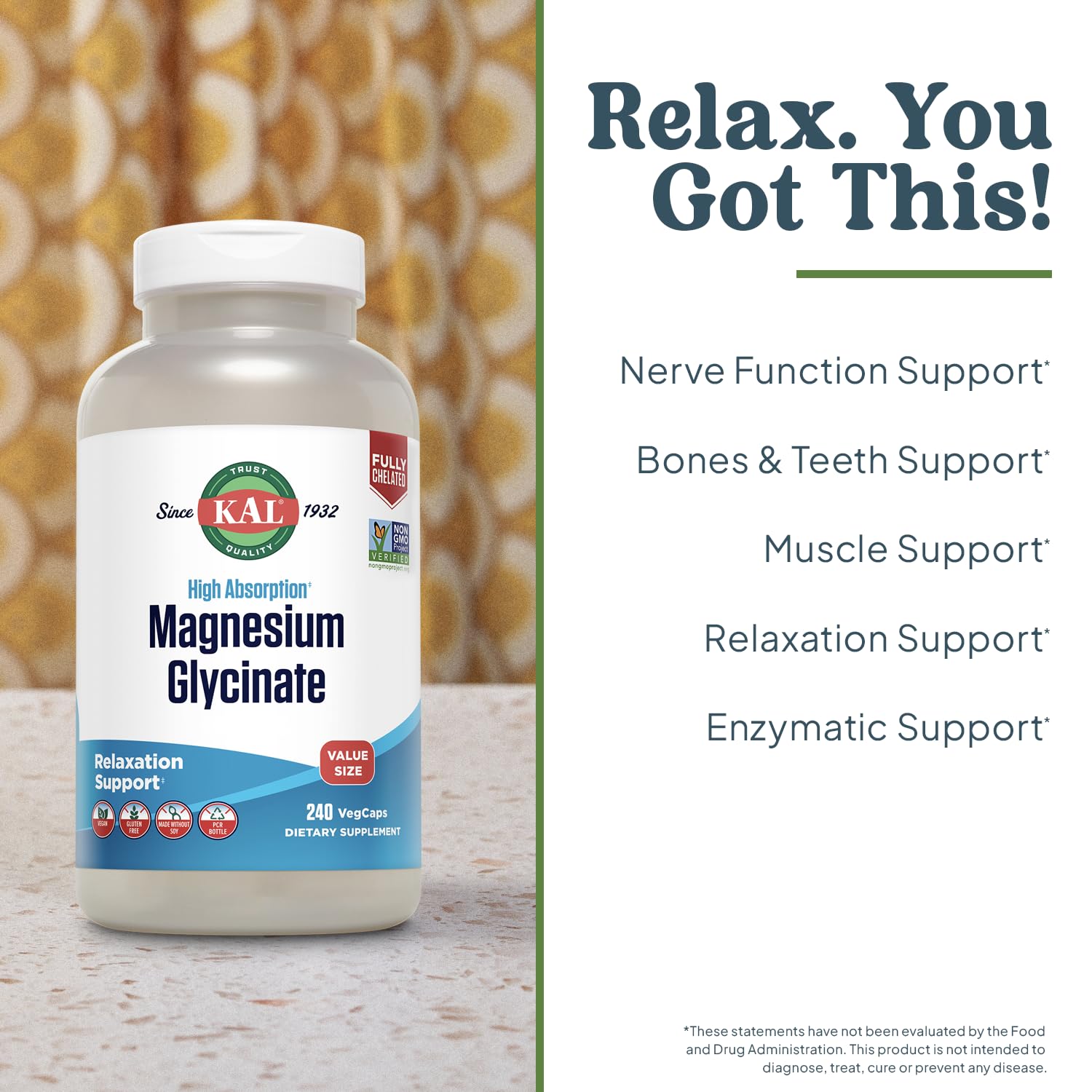KAL Magnésium Glycinate – présentation BioPerine pour meilleure absorption.