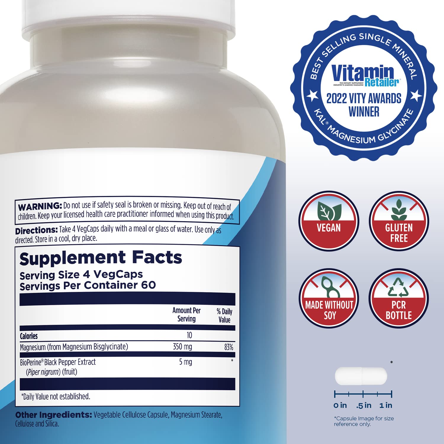 KAL Magnésium Glycinate – gélules véganes pour soutien musculaire et os.