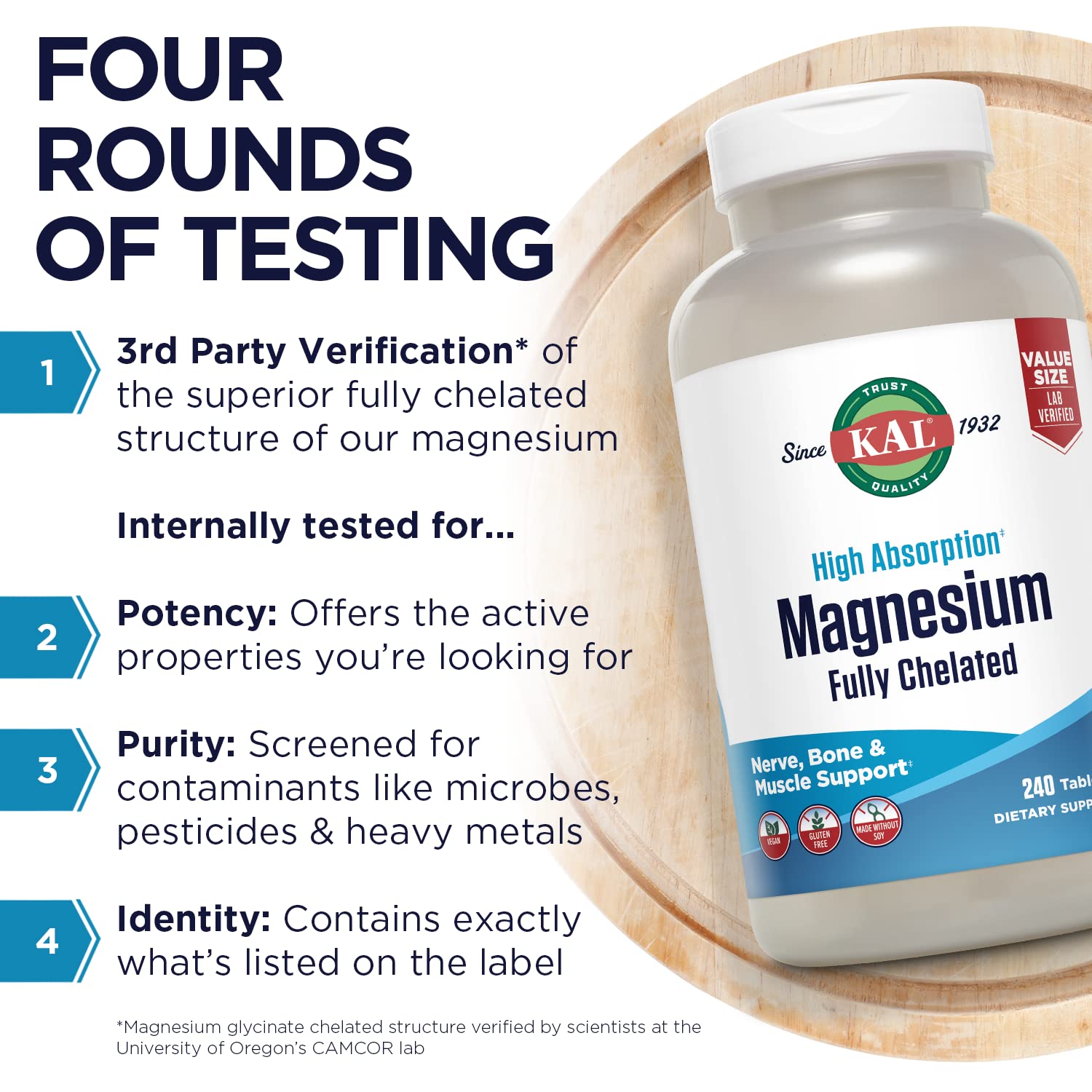 Formule vegan sans gluten de KAL Magnésium Glycinate pour votre régime