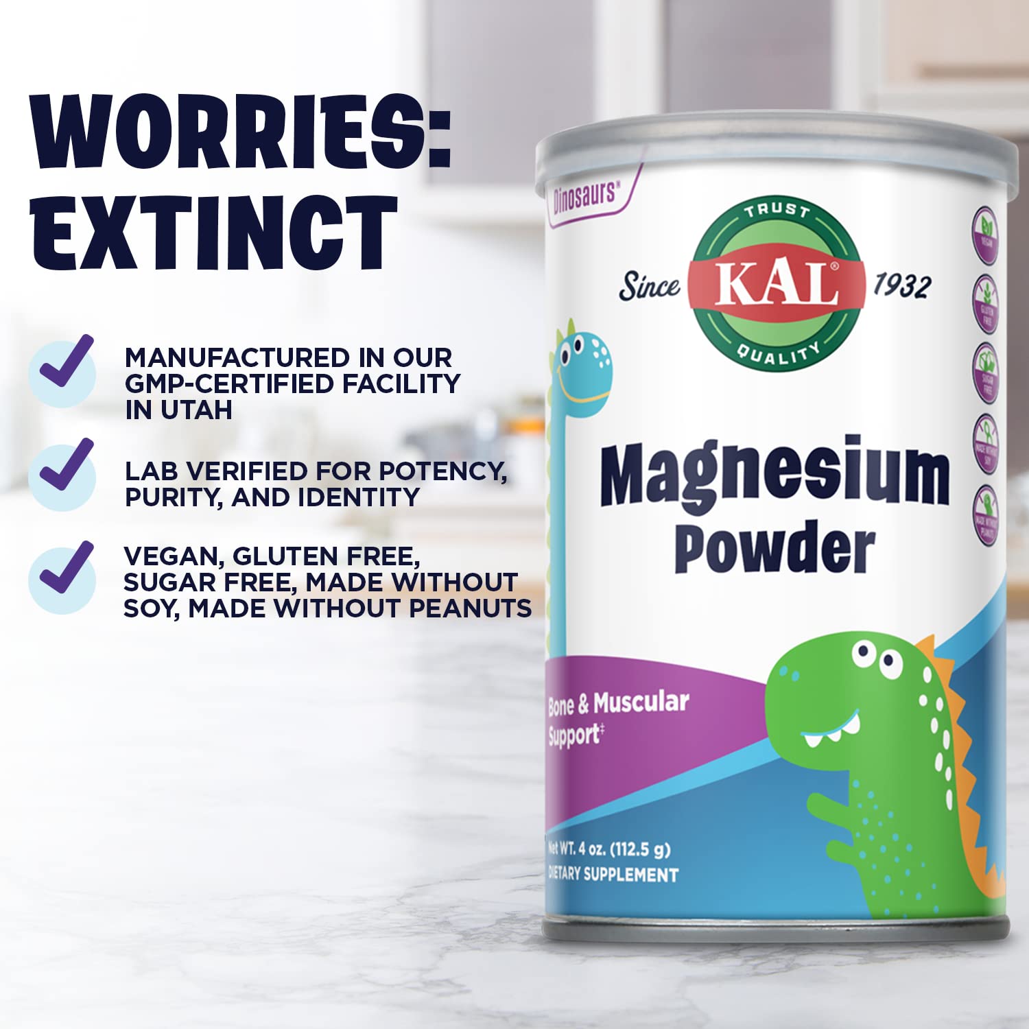 KAL Magnésium Poudre, texture fine, se dissout rapidement sans grumeaux.