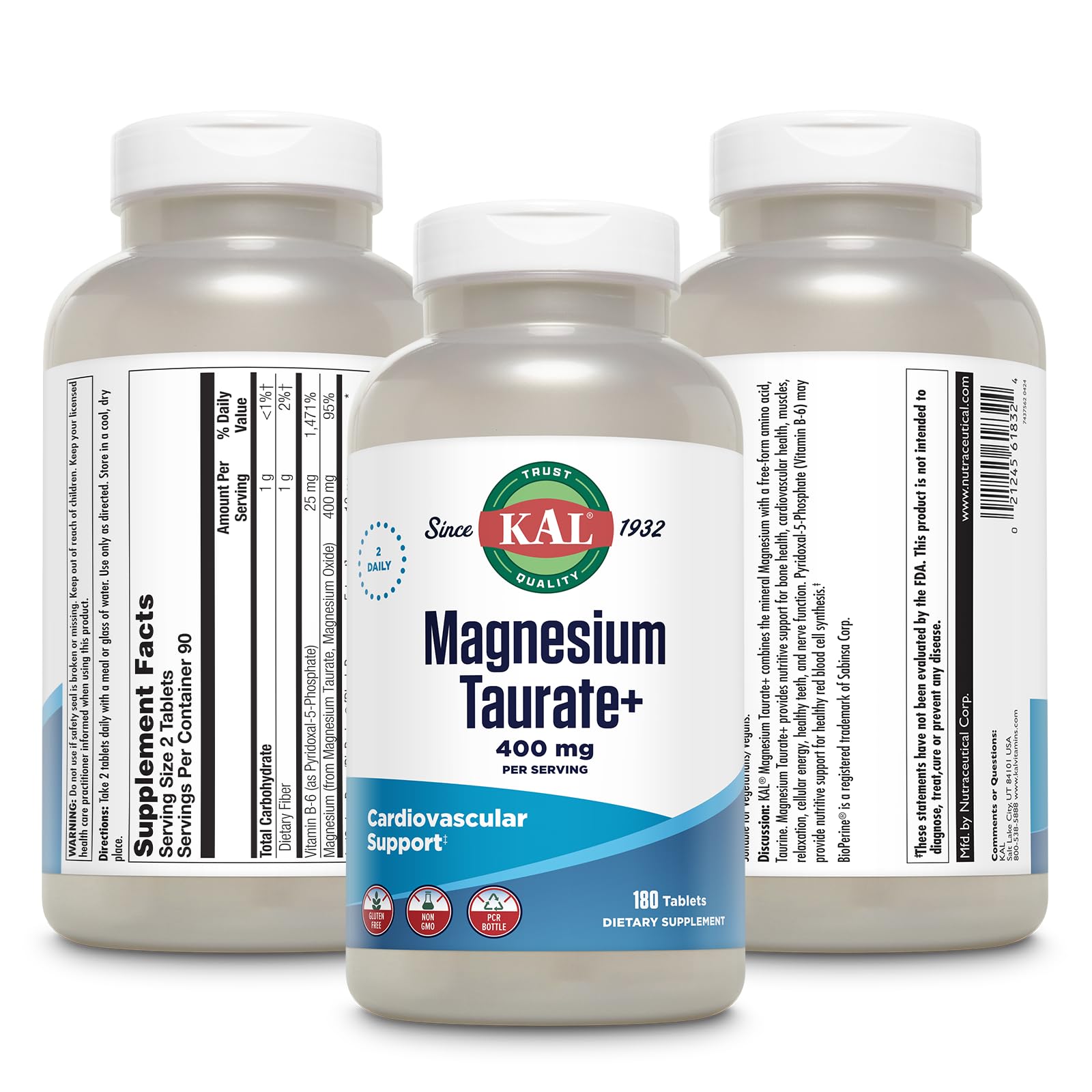 KAL Magnesium Taurate: étiquette claire avec informations utiles sur l'utilisation.