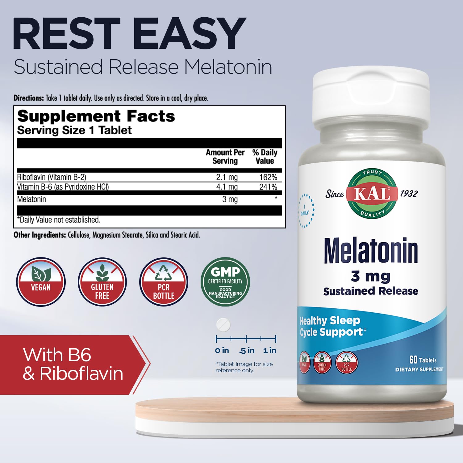 Kal Mélatonine: vitamines B6 et B2 intégrées, soutien potentiel au cycle de sommeil.