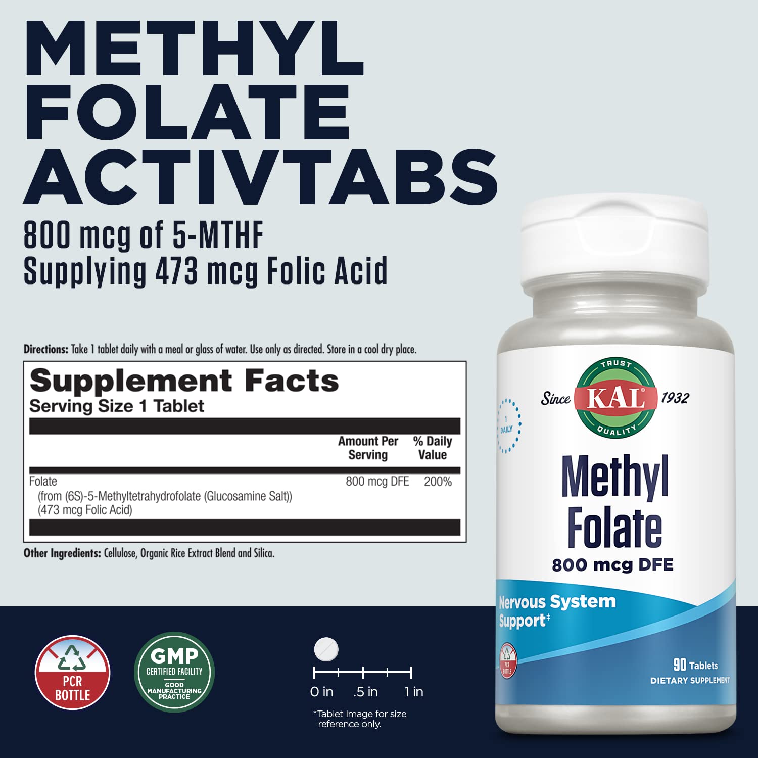 KAL Methyl Folate 800 mcg ActivTab, format pratique en bouteille.