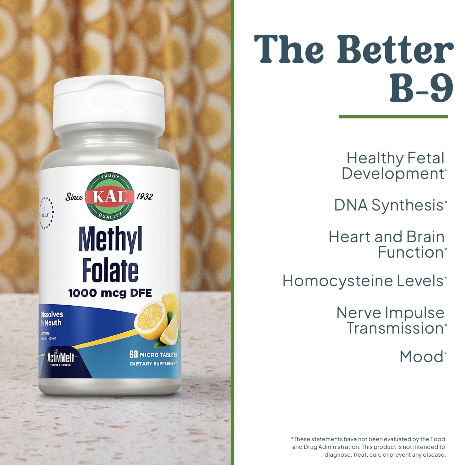Bouteille KAL Methyl Folate citron, 60 portions pour le quotidien.