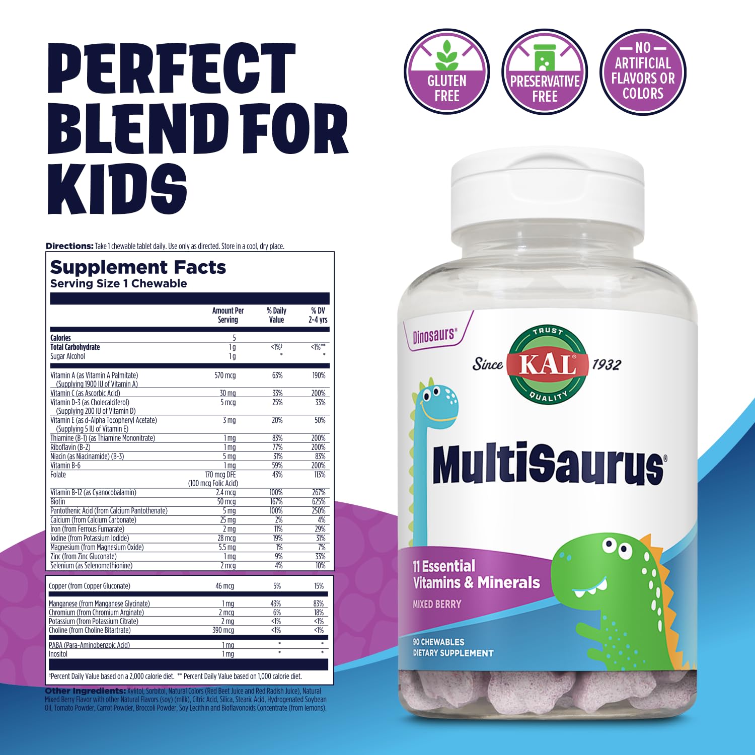 Kal MultiSaurus 11 vitamines et minéraux, soutien quotidien pour la croissance des enfants.