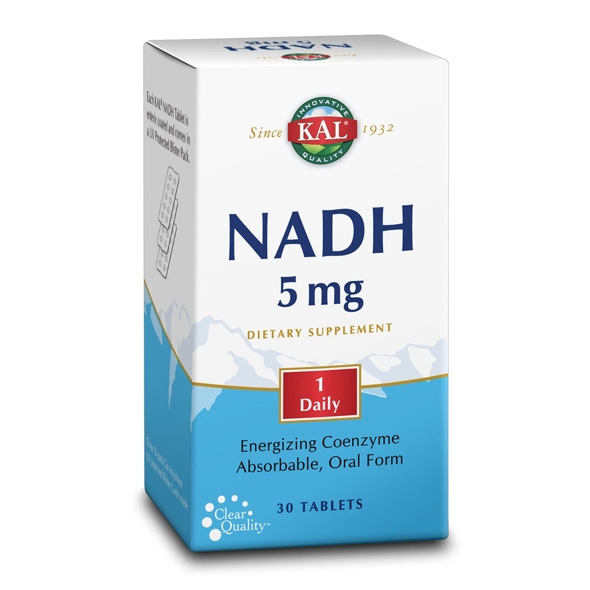 KAL NADH 5 mg – boîte et comprimés visibles, soutien potentiel à l'énergie.
