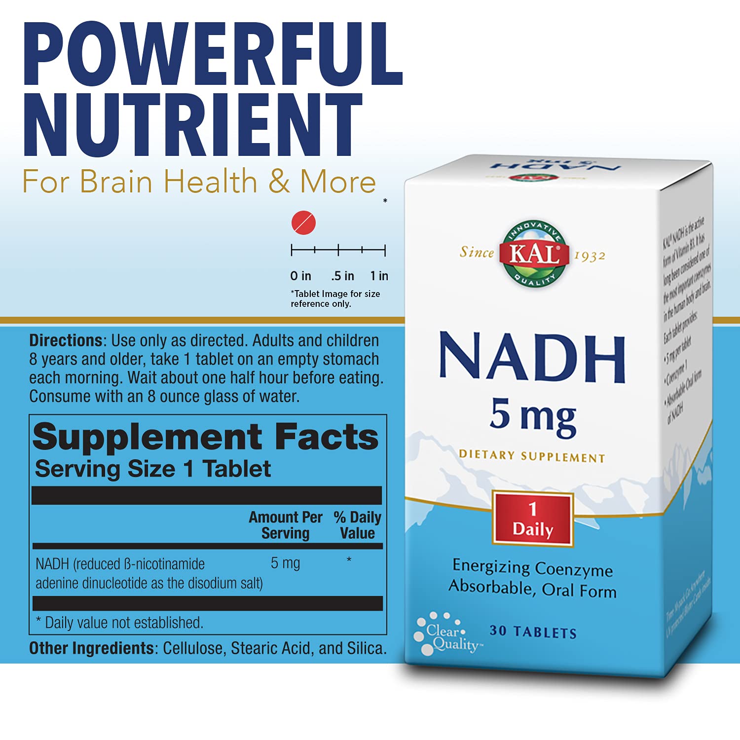KAL NADH 5 mg – comprimés sortant du flacon, soutien d'énergie potentielle.