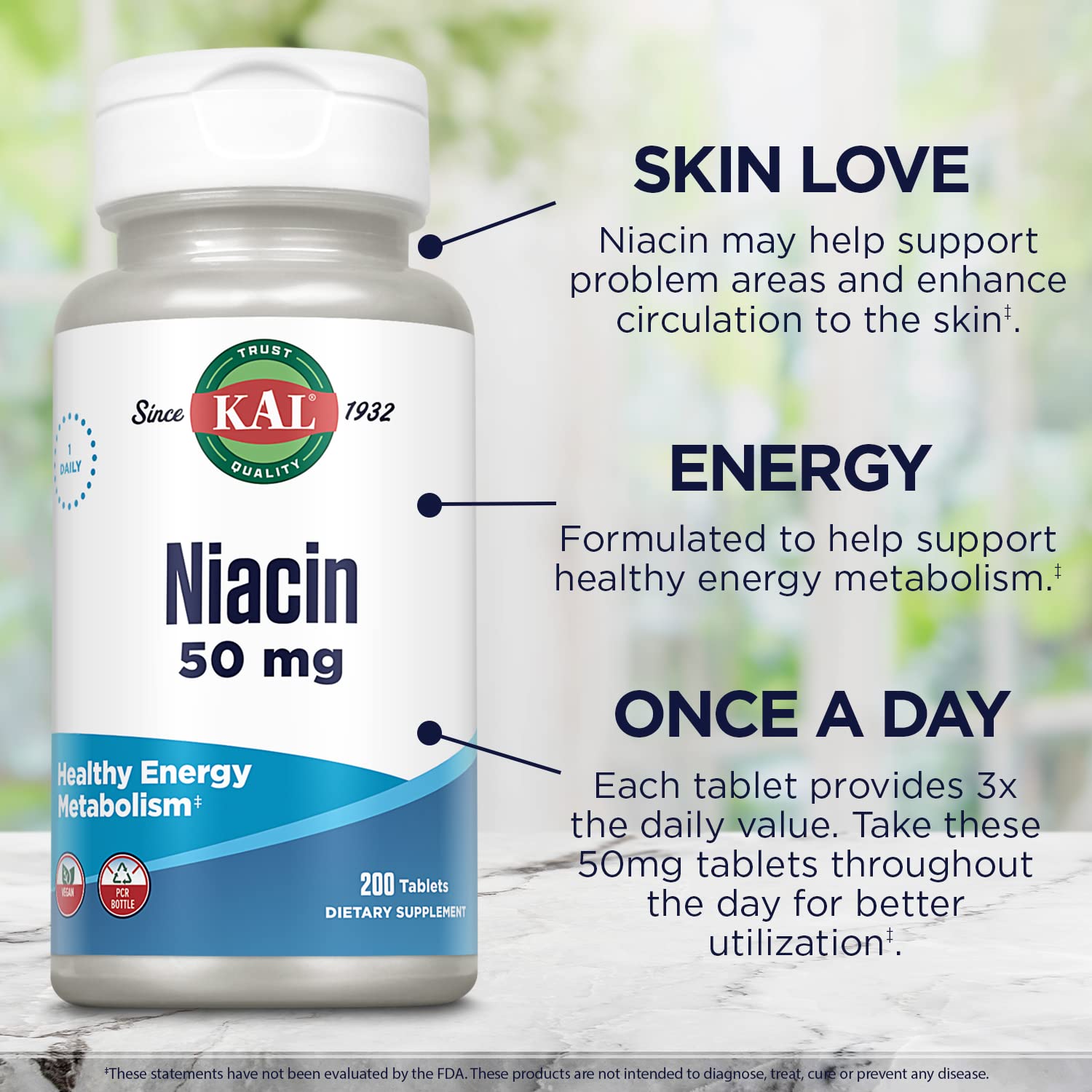 KAL Niacine 50 mg – emballage recyclable soutenant des choix durables.
