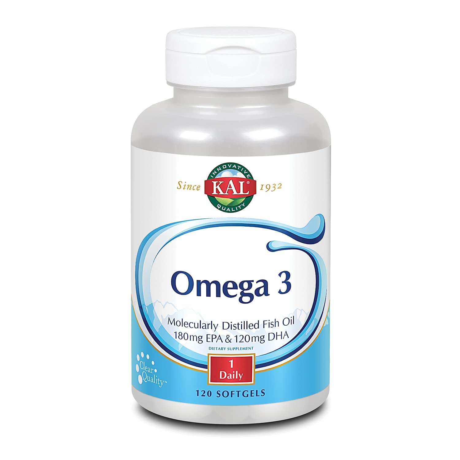 Flacon KAL Omega 3, présentation bouteille, soutien potentiel pour le cœur et le cerveau.
