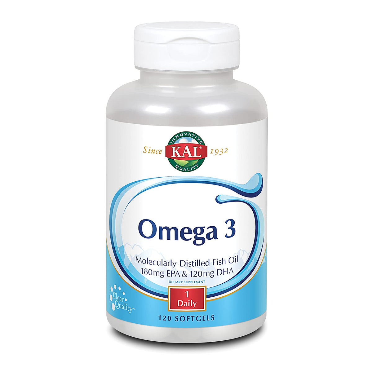 Flacon KAL Omega 3, présentation bouteille, soutien potentiel pour le cœur et le cerveau.