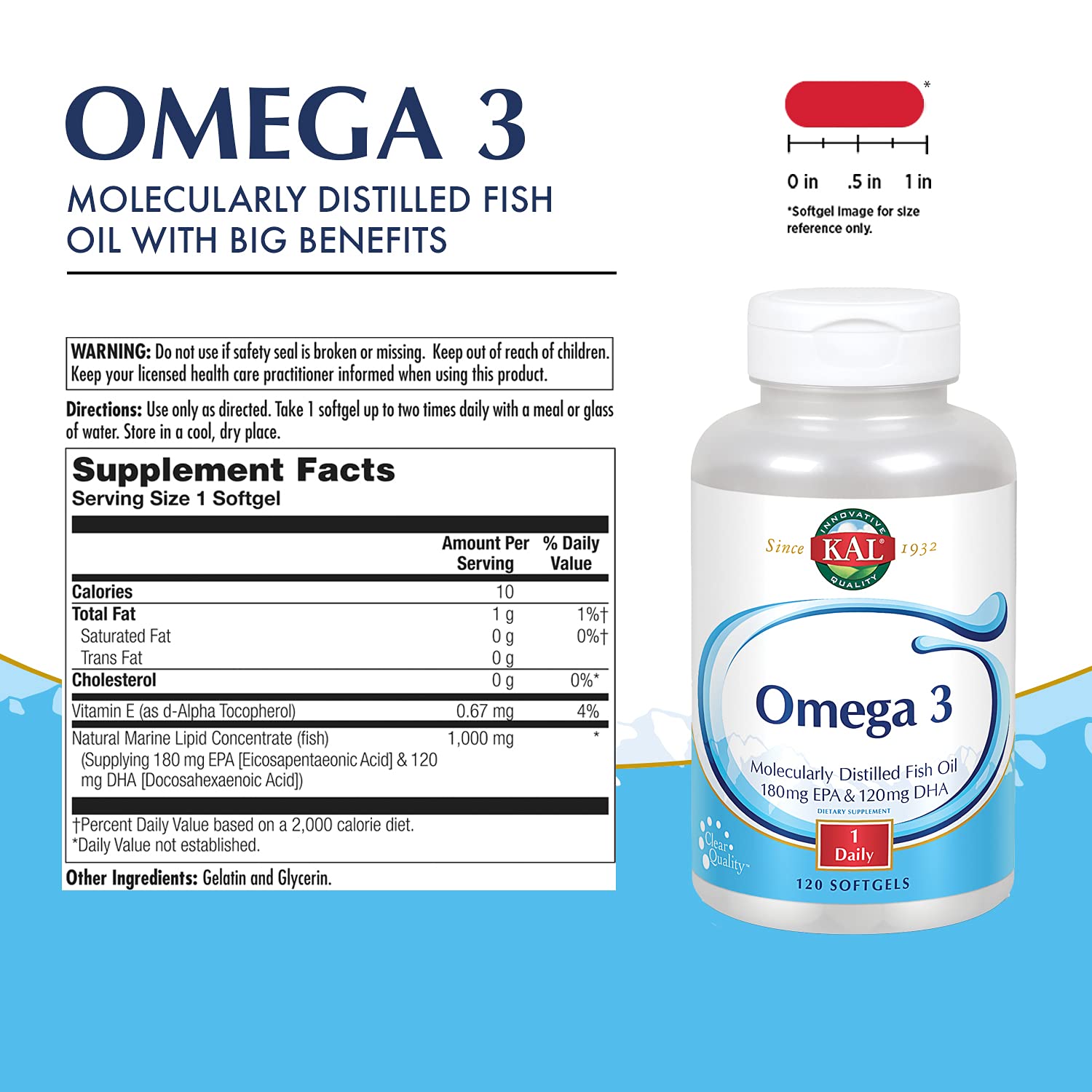 Étiquette KAL Omega 3 lisible, informations EPA et DHA.