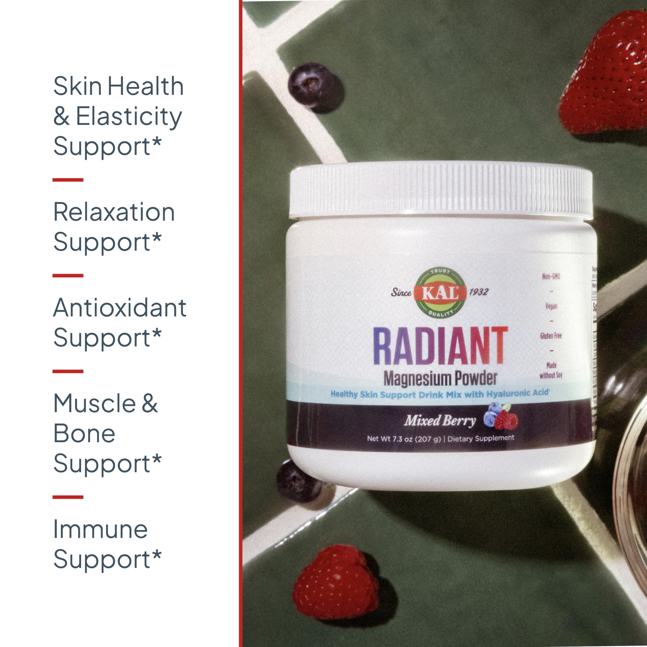 KAL Radiant Magnesium, poudre goût baies mélangées, agréable à mélanger dans une boisson.