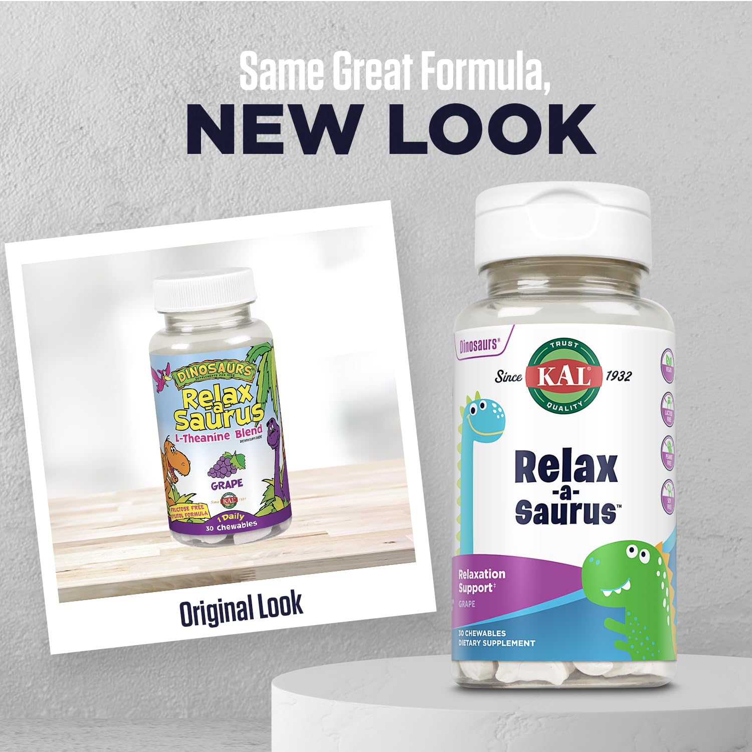 Kal Relax-a-Saurus mélange herbes L-theanine, camomille et passion pour un calme possible.