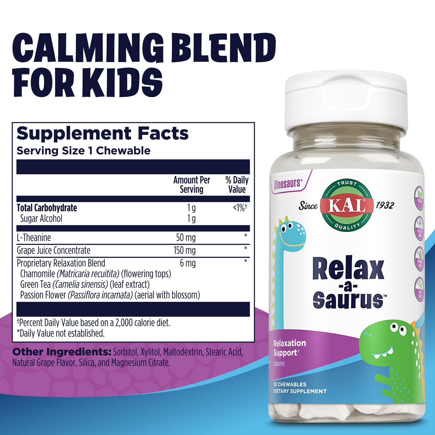 Kal Relax-a-Saurus gommes arôme raisin, goût agréable pour une routine apaisante.
