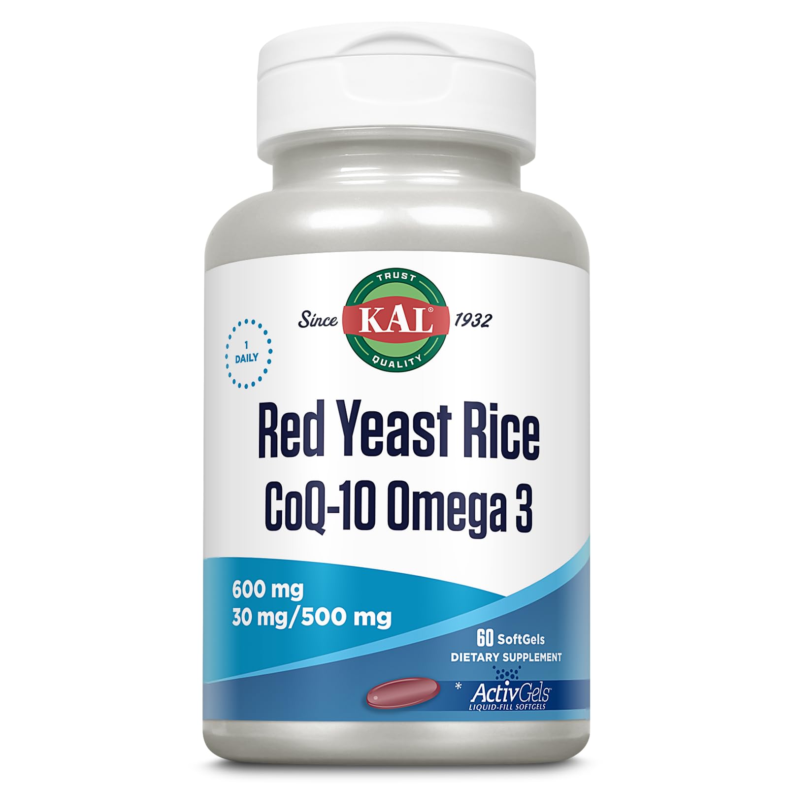 Kal riz rouge de levure COQ10 Oméga-3 en flacon, facile à intégrer dans votre routine bien-être
