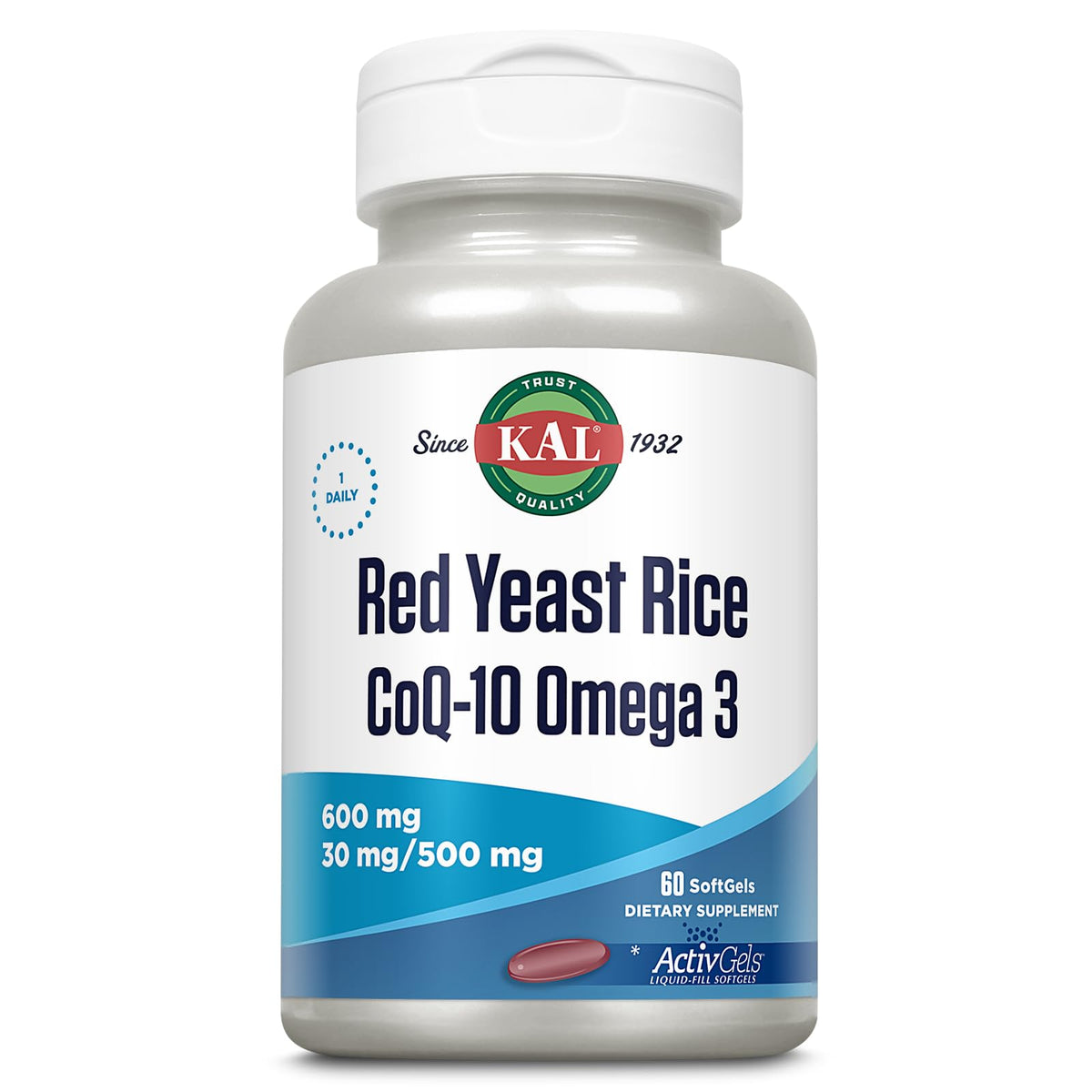 Kal riz rouge de levure COQ10 Oméga-3 en flacon, facile à intégrer dans votre routine bien-être