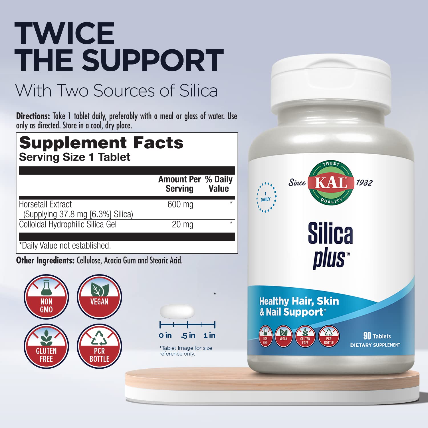 Étiquette KAL Silica Plus indiquant ingrédients et bénéfices.