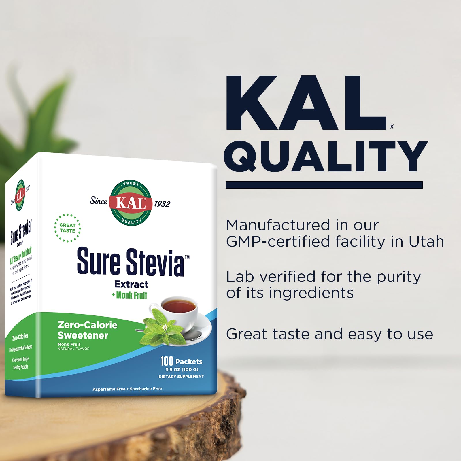 KAL Sure Stevia Plus Monkfruit – 100 sachets pratiques pour régimes faibles en glucides.