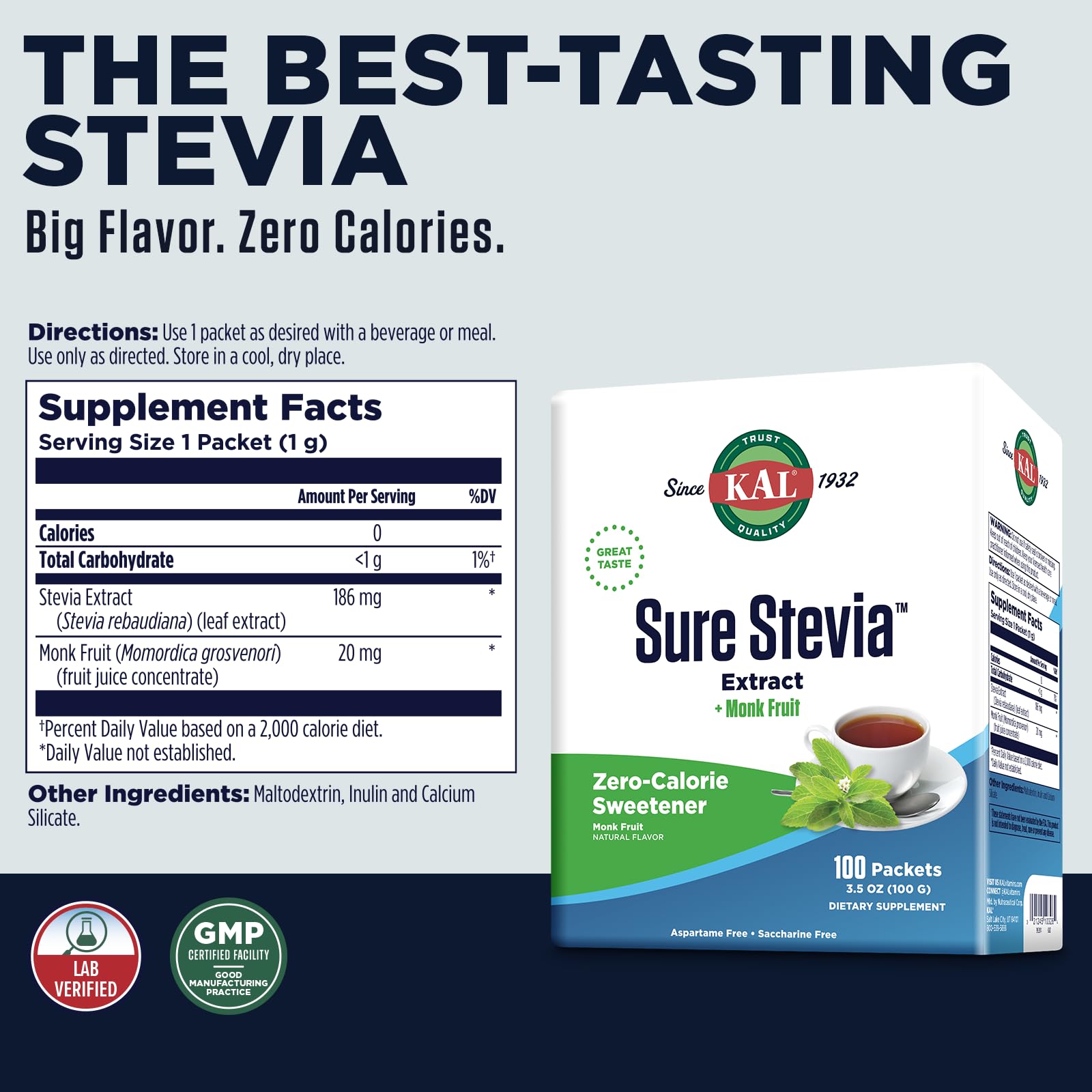 KAL Sure Stevia Plus Monkfruit – boîte de sachets, douceur naturelle sans sucre ajouté.