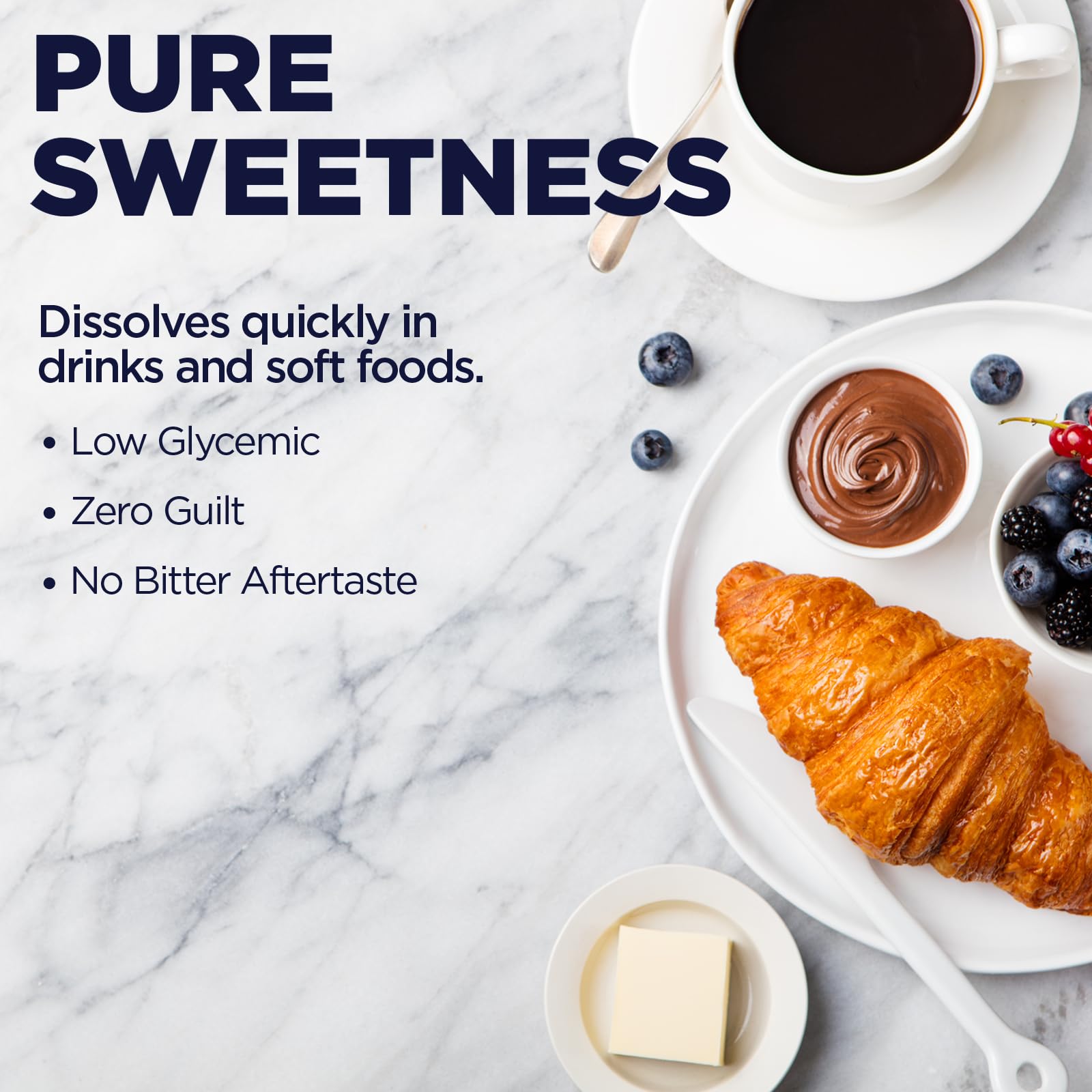 KAL Sure Stevia Plus Monkfruit – pot de poudre, dissolution rapide dans boissons chaudes ou froides.
