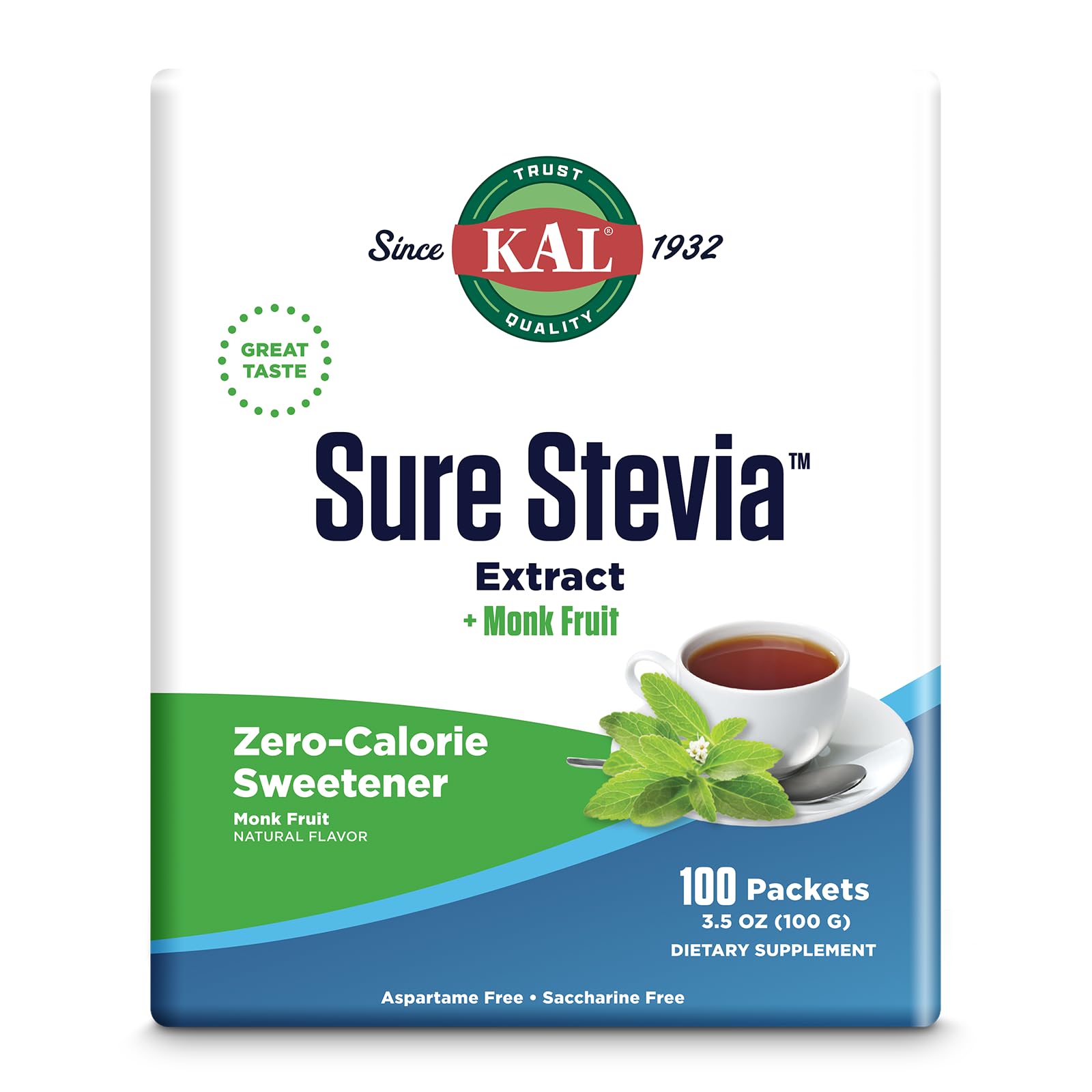 KAL Sure Stevia Plus Monkfruit – sachets individuels faciles à emporter, douceur sans calories.