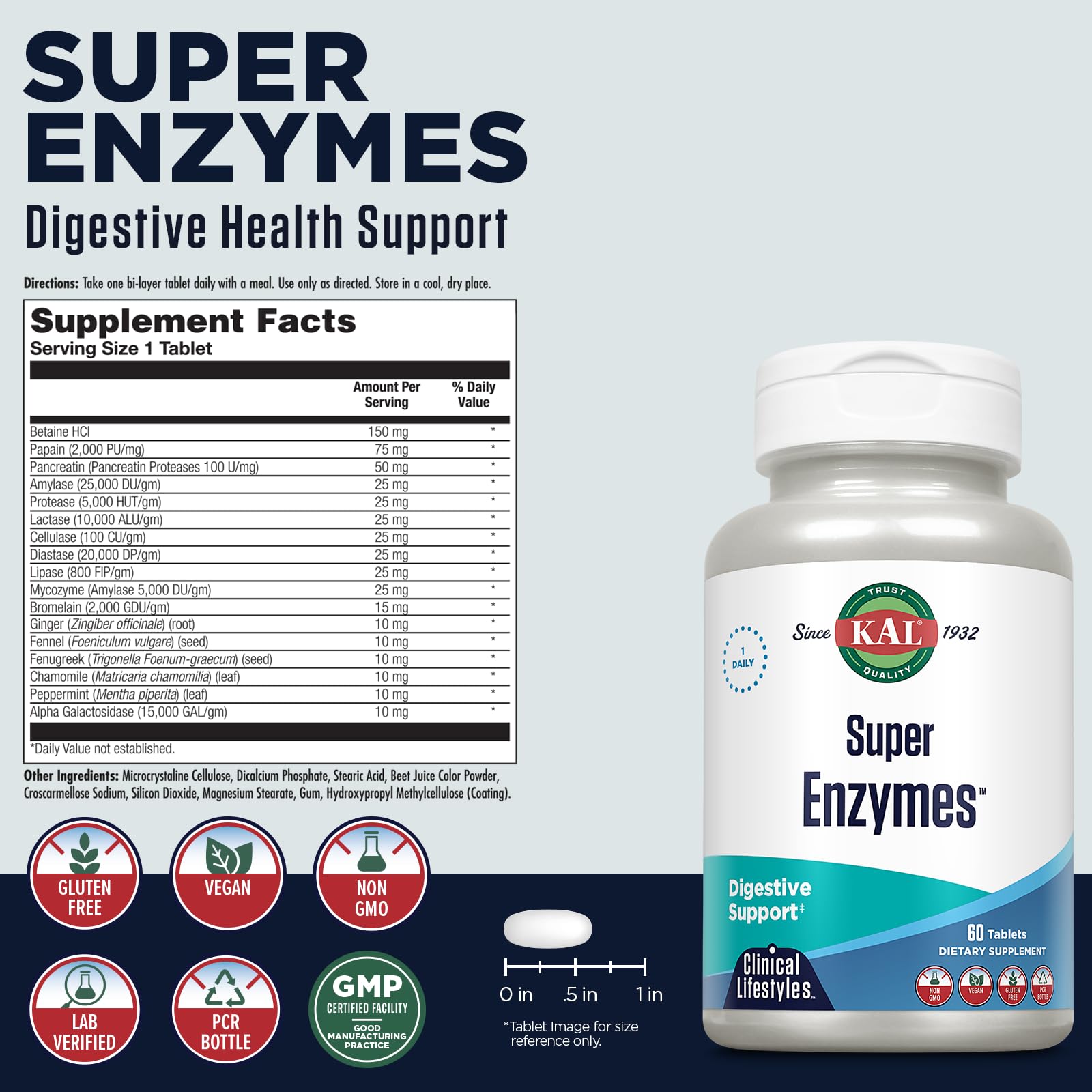 KAL tablettes digestives betaïne-hcl, aide potentielle à la digestion des protéines.