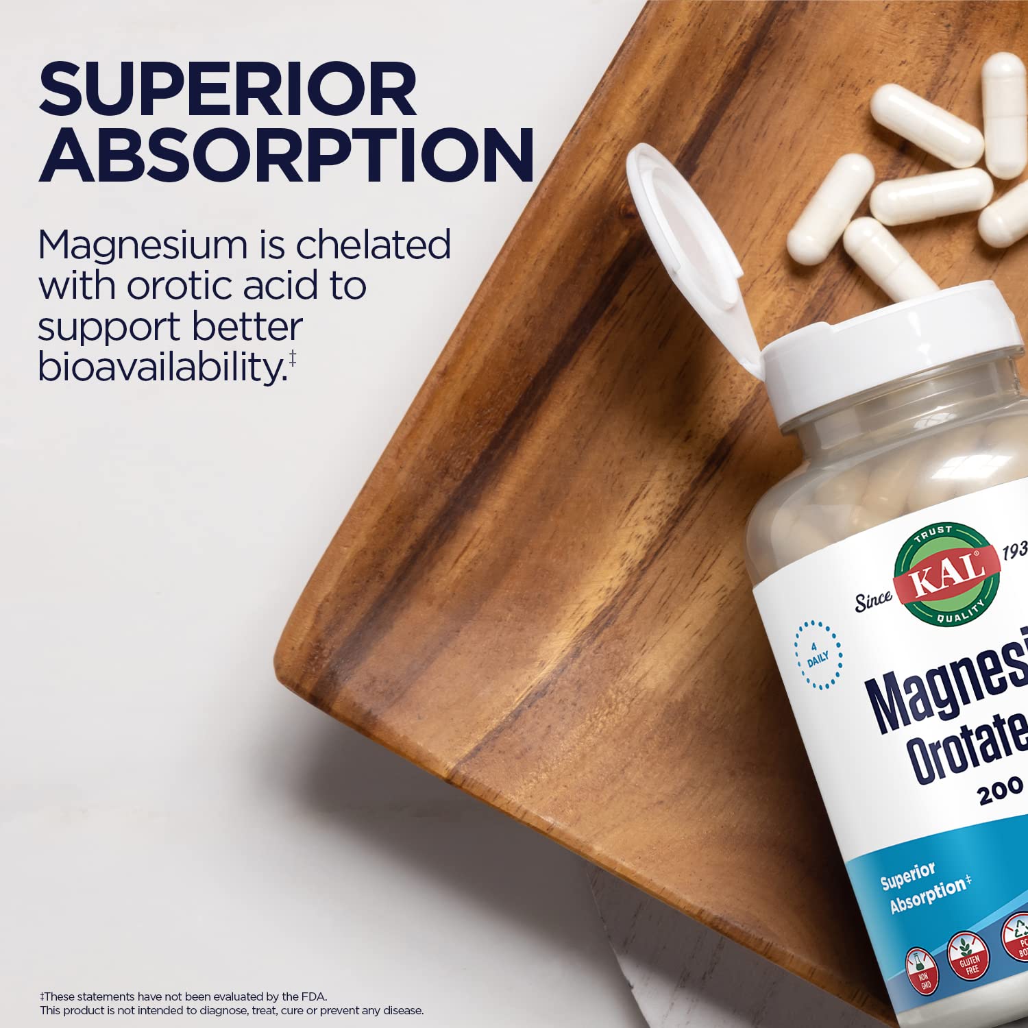 Kal tablettes magnesium orotate, détail plateau et texture