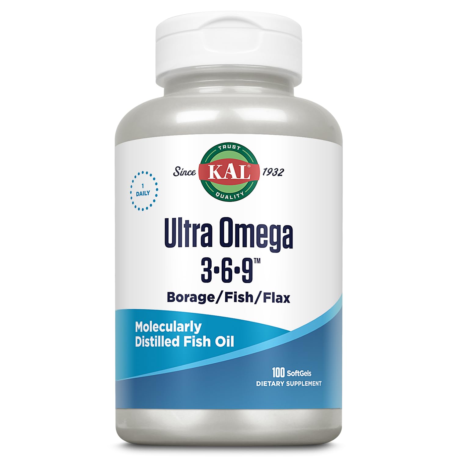 KAL Ultra Omega 3-6-9, bouteille, soutien potentiel pour peau et cœur.