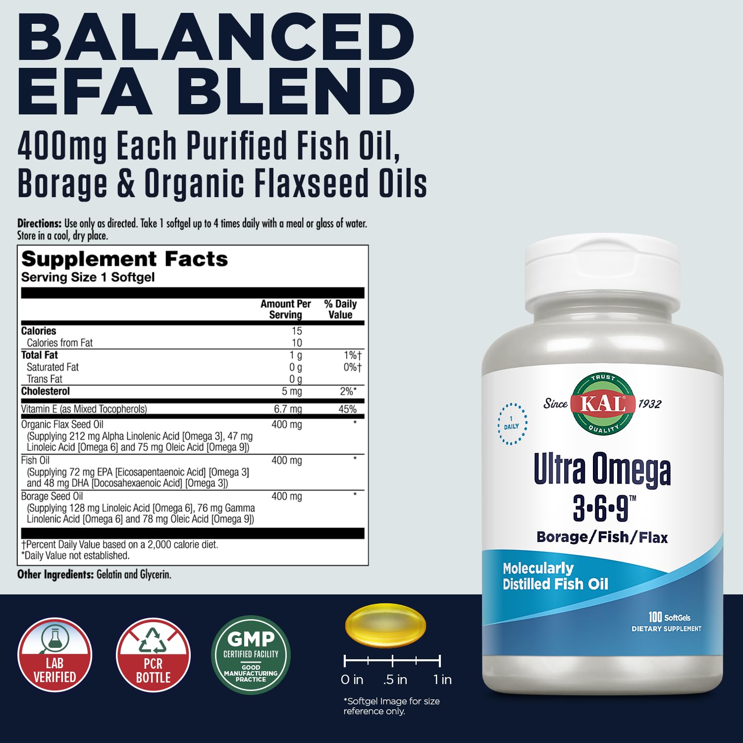 KAL Ultra Omega 3-6-9, gélules, usage quotidien pour le bien-être.