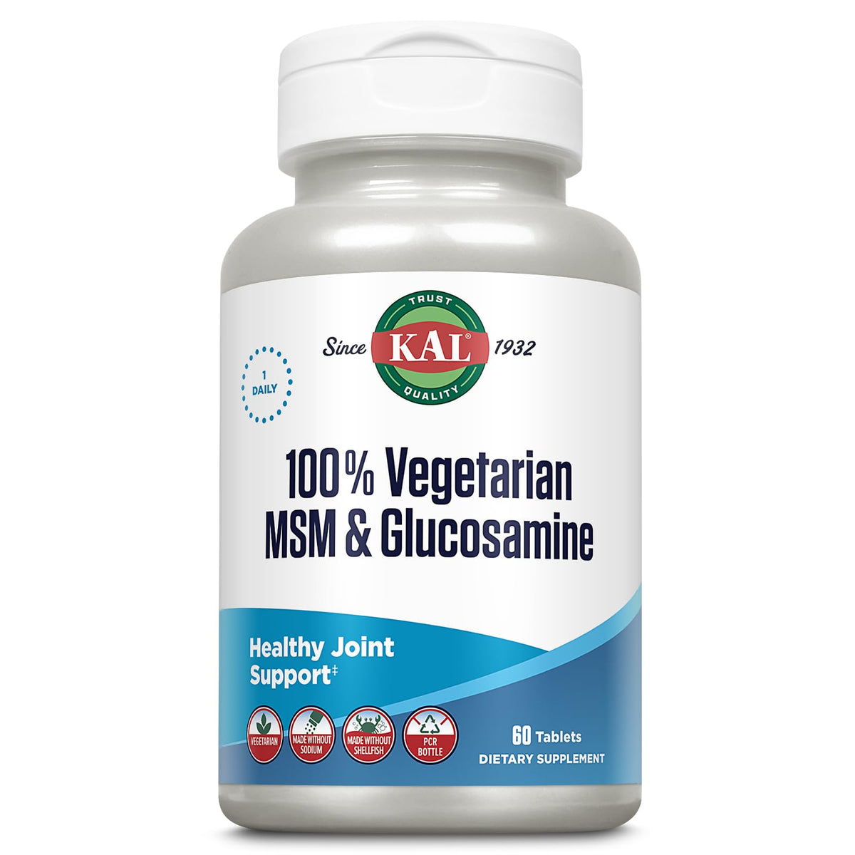 KAL MSM et glucosamine végétariens, bouteille pratique pour soutenir la mobilité.