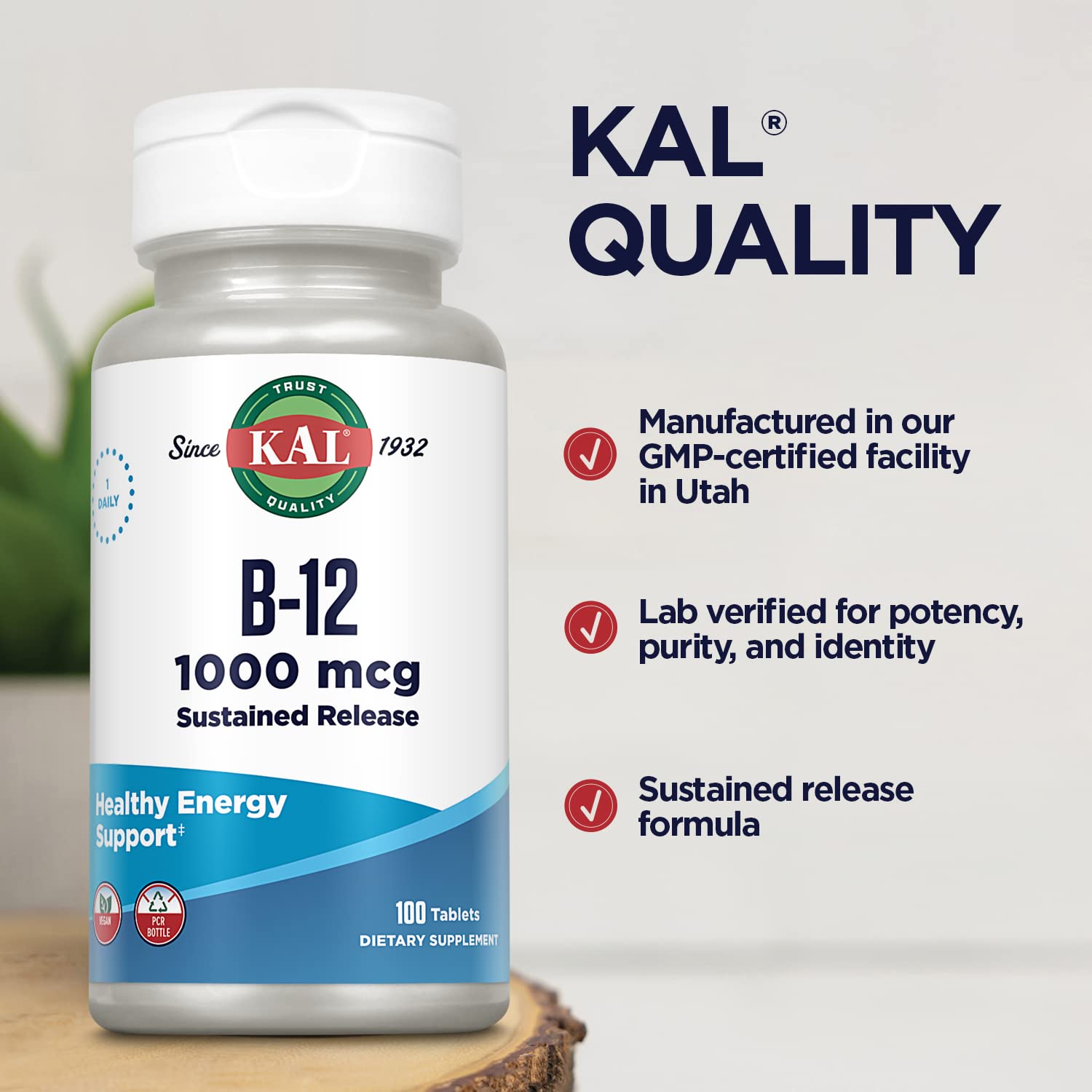 Étiquette lisible KAL B12 1000 mcg et guidance dosage quotidien.