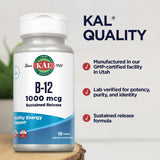 Étiquette lisible KAL B12 1000 mcg et guidance dosage quotidien.