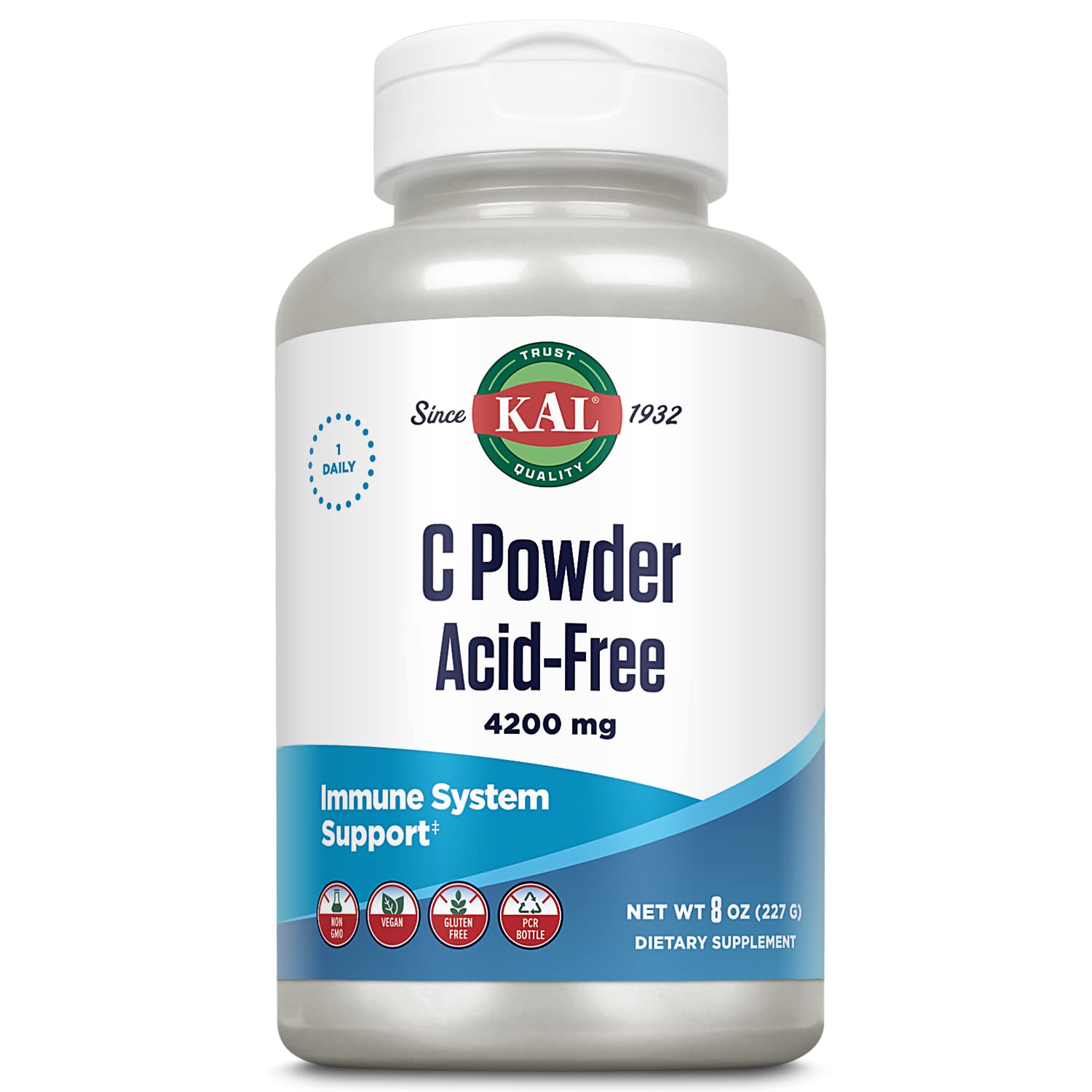 KAL vitamine C poudre sans arôme montrant l'emballage 8 onces, à absorption rapide