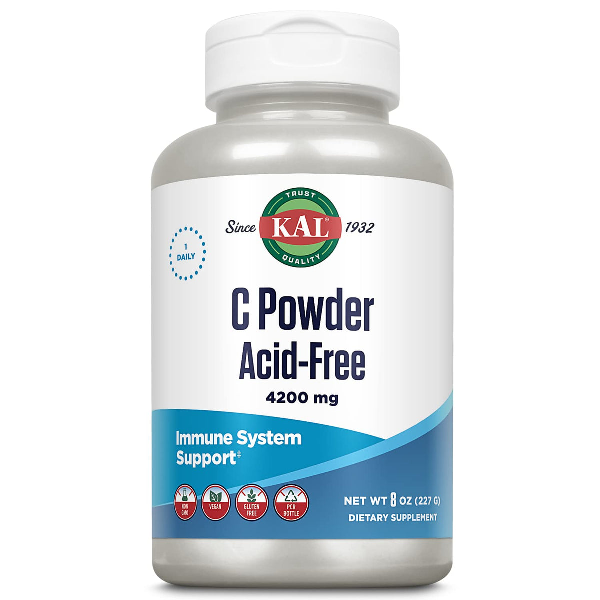KAL vitamine C poudre sans arôme montrant l'emballage 8 onces, à absorption rapide
