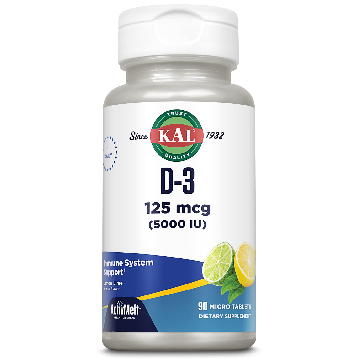 KAL Vitamin D-3 ActivMelt bouteille avec dosage pratique et facilité d’emploi.