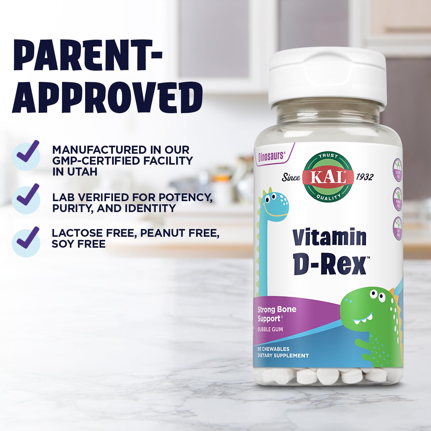 KAL Vitamine D-Rex flacon dinosaures – 90 formes ludiques pour l'habitude quotidienne.