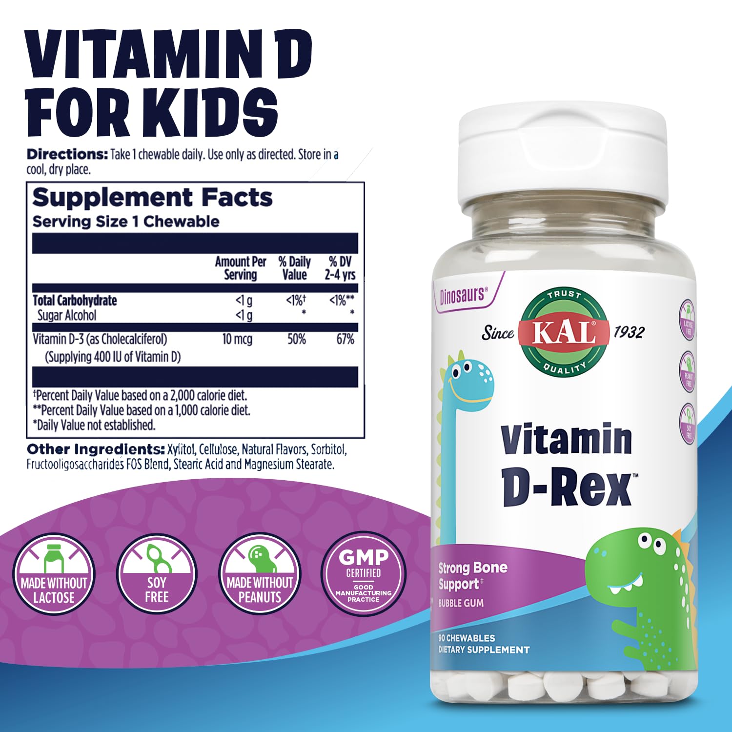 KAL Vitamine D-Rex gommes saveur gomme-bulle – goût agréable et apport D3 quotidien.