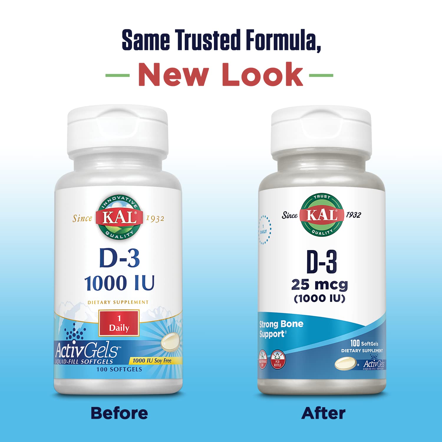 Étiquette KAL D3 ActivGel lisible indiquant le dosage quotidien