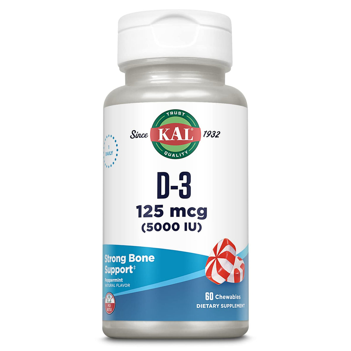 KAL vitamine D3 5000 UI, bouteille à la menthe, soutien immunitaire potentiel