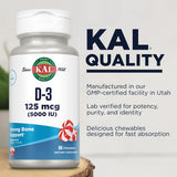 Étiquette claire de KAL D3 menthe, dosage visible