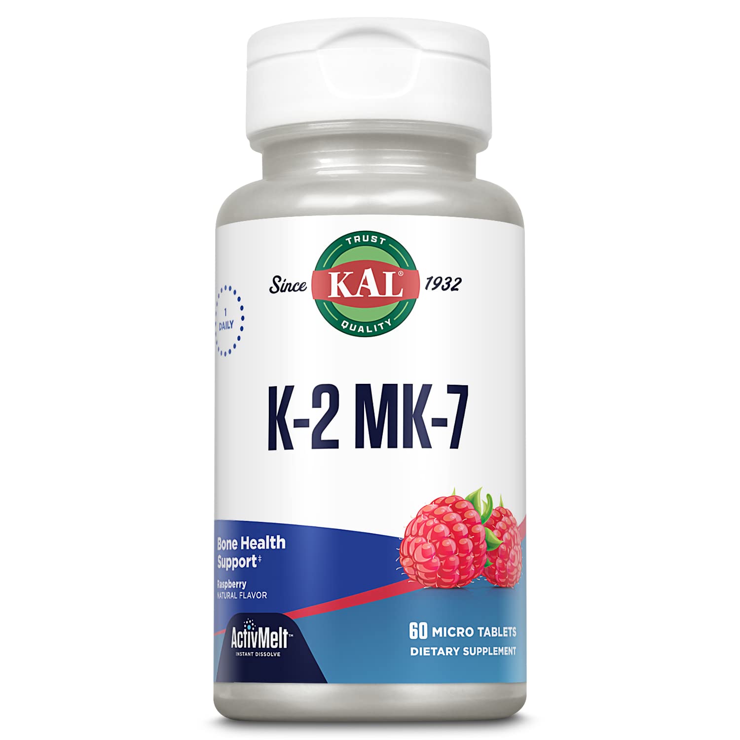KAL Vitamine K2 MK7 ActivMelt, bouteille framboise naturelle, soutien potentiel à la densité osseuse.