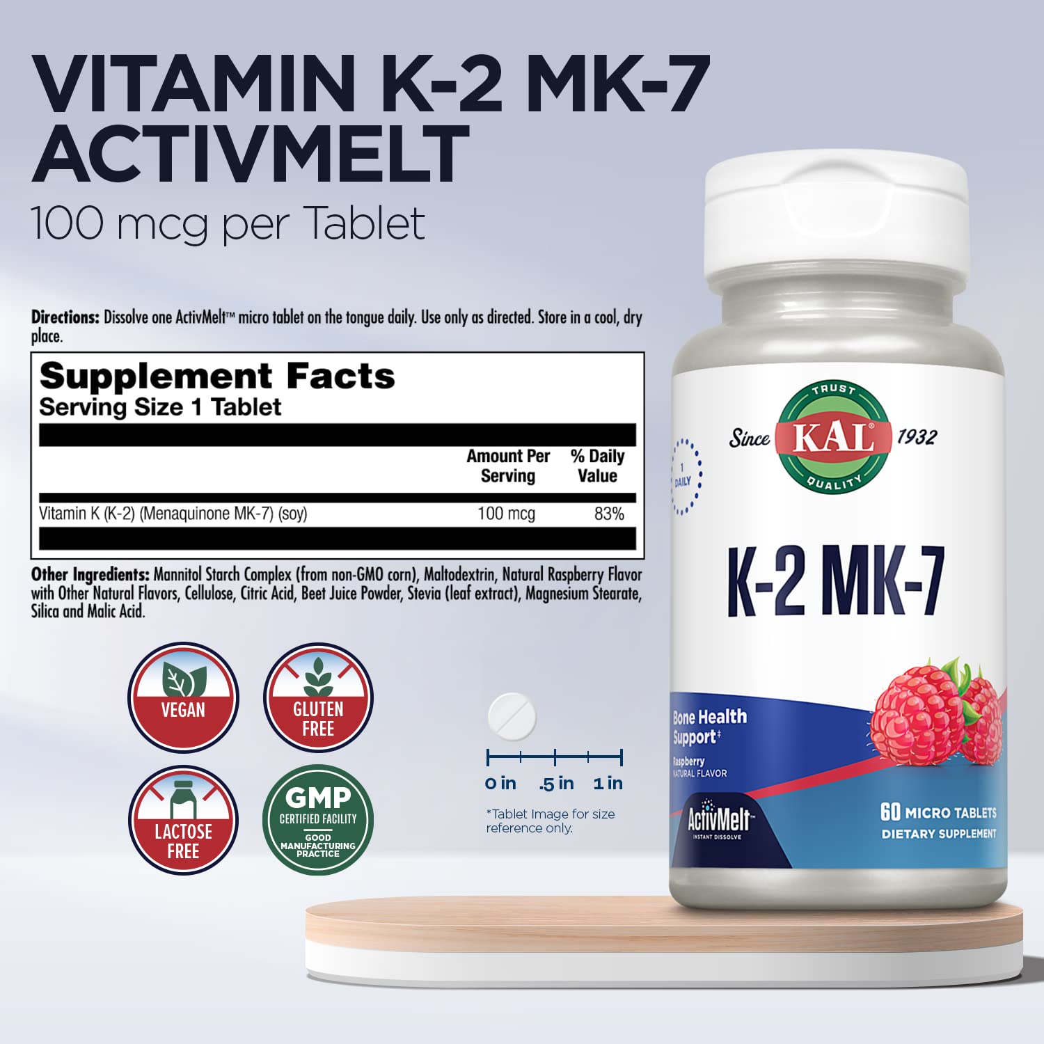 KAL ActivMelt micro-tablettes qui fondent en bouche, goût framboise naturelle.